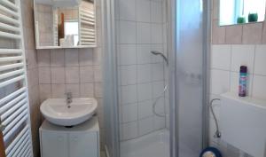 ein weißes Bad mit einem Waschbecken und einer Dusche in der Unterkunft FeWo24-Prasdorf in Prasdorf