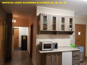 Una cocina con un microondas encima de una encimera. en Centrum Noclegowe II, en Bydgoszcz 36 fotos más