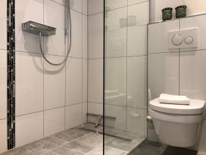 La salle de bains est pourvue de toilettes et d'une douche en verre. dans l'établissement Hamptons No.2, à Scharbeutz