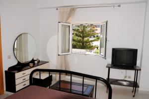 een slaapkamer met een bed, een spiegel en een televisie bij Faraggi Richti House in Éxo Moulianá