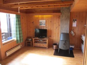 a living room with a flat screen tv and a chair at Hogstul Hytter - Apartment South in Tuddal