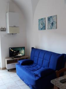 un divano blu in soggiorno con TV di Casa Baia del Quercetano a Castiglioncello