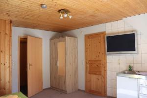 cocina con TV en la pared y puerta en Pension Hubertushof Monteurunterkunft, en Freiberg