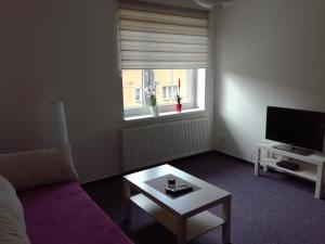 a living room with a couch and a table and a window at Apartmán Prefa in Benešov nad Ploučnicí