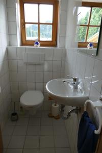 a white bathroom with a sink and a toilet at Haus Wiesenruh in Oberstdorf