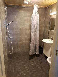 a bathroom with a shower and a sink at Järvitalo in Soini