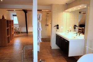 La salle de bains est pourvue d'un lavabo et d'un miroir. dans l'établissement ART Hôtel, à Kaysersberg
