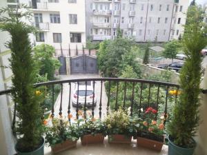 a balcony with plants and a car on a street at Hotel Mimino in Tbilisi City