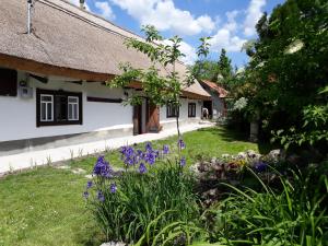 un jardín frente a una casa con flores púrpuras en Forrás, en Egerszólát
