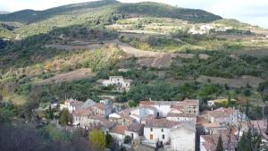 una piccola cittadina su una collina con case e alberi di L'Esprit du vallon de Berlou a Berlou