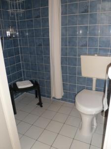 a blue tiled bathroom with a toilet and a shower at Staten Hotel in The Hague