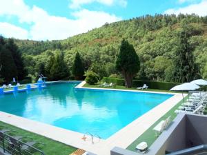 a large swimming pool with a mountain in the background at São Cristóvão Nature Country Hotel in Venda Nova
