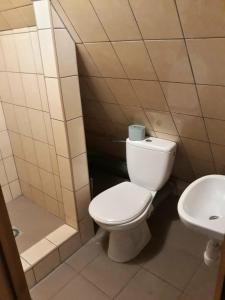 ザコパネにあるPokoje przy Szymoszkowejのトイレと洗面台付きのバスルーム