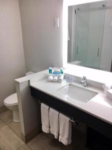a bathroom with a sink and a toilet and a mirror at Holiday Inn Express & Suites Johnstown, an IHG Hotel in Johnstown