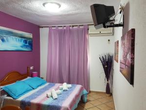a bedroom with a bed with purple walls and a tv at Pension los Verdiales in La Herradura