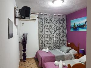 a room with two beds and a tv at Pension los Verdiales in La Herradura