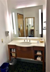 a bathroom with a sink and a large mirror at Cobblestone Inn & Suites – Platteville in Platteville