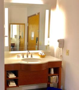 a bathroom with a sink and a large mirror at Cobblestone Inn & Suites – Platteville in Platteville