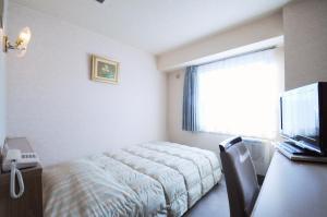 a bedroom with a bed and a television at Hotel New Chikou in Wakkanai