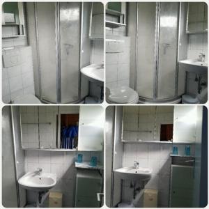 four pictures of a bathroom with two sinks and a shower at Ferienhaus Familie Mischkies in Damp