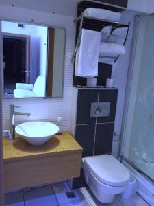 uma casa de banho com um lavatório, um WC e um espelho. em Masal Otel em Cocaeli