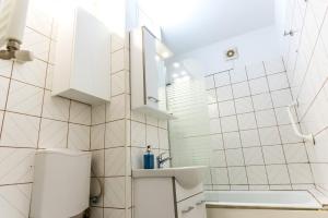 La salle de bains est pourvue de toilettes et d'un lavabo. dans l'établissement D&O Boemia, à Timişoara