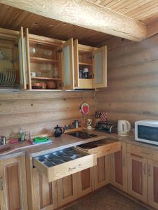 a kitchen with wooden cabinets and a sink and a microwave at Augšdzintari in Salaspils +17 photos