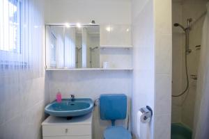 uma casa de banho com um WC azul e um lavatório. em Zimmer Weiss em Altenstadt