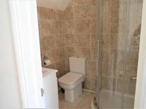a bathroom with a toilet and a glass shower at Riverside Bed & Breakfast in Ironbridge