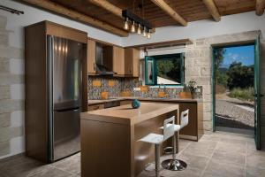 a kitchen with a stainless steel refrigerator and a counter at Villa Piedra in Manoliópoulon