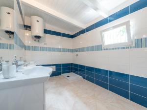 un bagno blu e bianco con lavandino e servizi igienici di Casa Lupa Magnifica con Giardino a Quartu SantʼElena