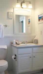 ein Badezimmer mit einem Waschbecken, einem WC und einem Spiegel in der Unterkunft Red Horse Inn in Falmouth