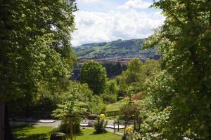 Blick durch die Bäume auf einen Garten in der Unterkunft Unique Hotel Innere Enge in Bern