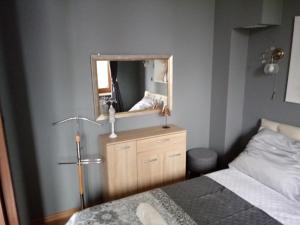 sypialnia z łóżkiem i lustrem w obiekcie apartament Fanaberia w Zwierzyńcu