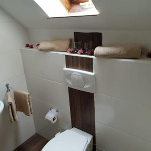a white bathroom with a toilet and a skylight at Landhotel Sonnenschein in Bad Liebenwerda