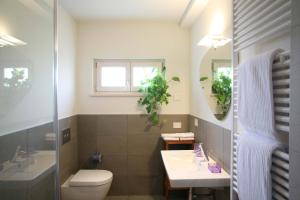 a bathroom with a toilet and a sink and a mirror at Nuova Opera Rooms & Apartments in Verona +121 photos