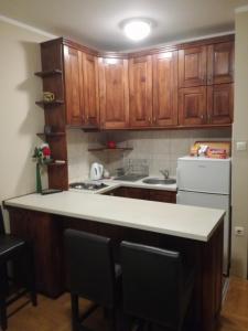 a kitchen with wooden cabinets and a white refrigerator at Sovica in Temerin