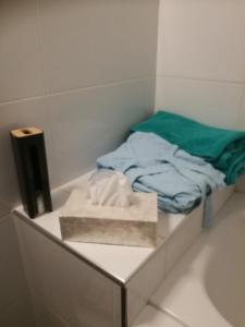 カジャオ・サルバヘにあるAquarius Loftのバスルーム(タオル付きの棚、ベッド1台付)