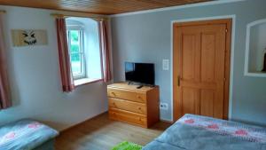 a bedroom with a bed and a television on a dresser at Ferienwohnung Maringer in Ungenach