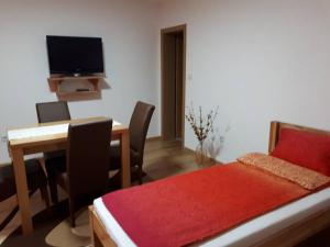 Schlafzimmer mit einem Bett und einem Schreibtisch mit einem TV in der Unterkunft Apartmani Tajra in Visoko