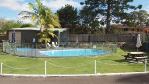 a swimming pool in a yard with a picnic table and a building at Motel Kempsey in Kempsey