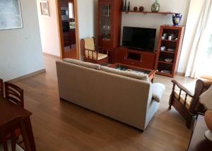 ein Wohnzimmer mit einem Sofa und einem TV in der Unterkunft Precioso chalet con mar a 50 metros. in Xilxes