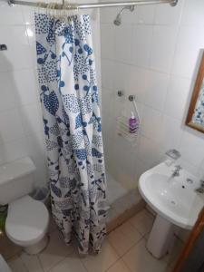 a bathroom with a shower curtain and a toilet and a sink at Alojamiento económico a pasos del Jumbo! in La Serena