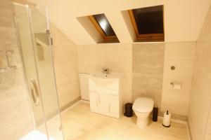 a bathroom with a toilet and a glass shower at Homeside B&B in Silverstone