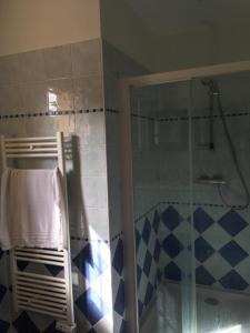 サン・フロランにあるappartement acqua dolceのバスルーム(ガラス張りのシャワー、椅子、タオル付)
