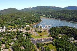 an aerial view of a marina on a lake at Kimball Terrace Inn in Northeast Harbor