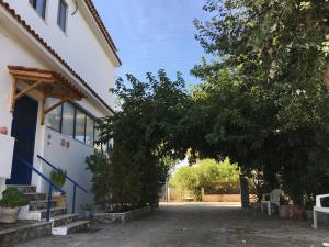 a tree in front of a white building with stairs at Demos Studios in Kandia