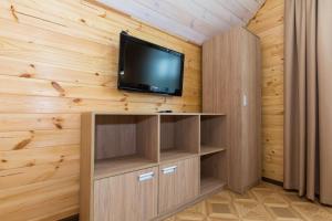 a tv sitting on top of a wooden wall at Zolota Rybka in Skhidnitsa