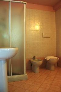 La salle de bains est pourvue d'une douche, de toilettes et d'un lavabo. dans l'établissement La rosa dei vini, à Serralunga d'Alba