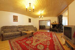 sala de estar con sofá y TV en Pensiunea Flori de Camp, en Vatra Dornei